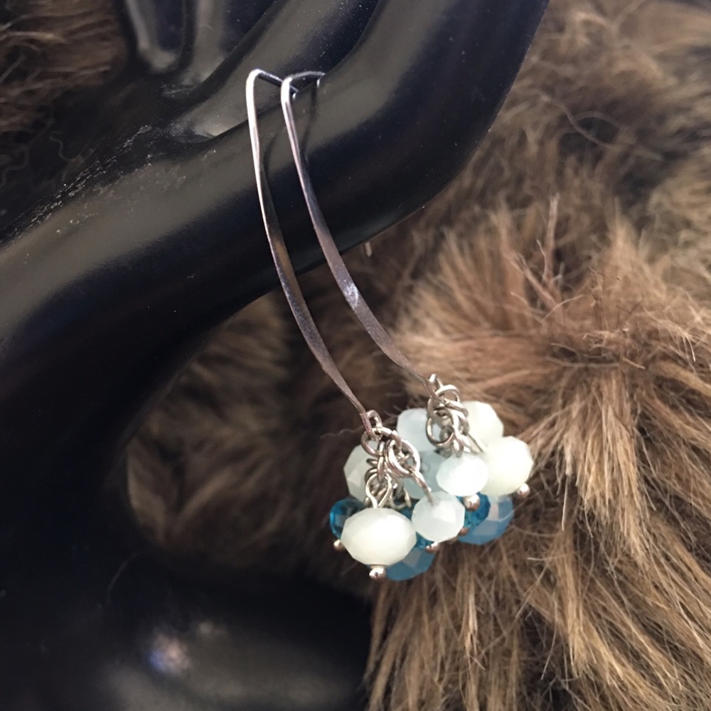 V Shape silver tone dangle bead hoop earrings